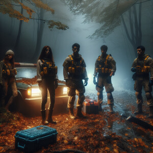 Autumn. Night. Fog. There is a broken-down car. There are rescue...