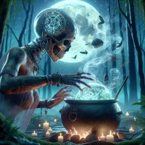 A voodoo master witch, adorned with tattoos of ancient symbols,...