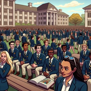 "A high-angle view of a grand stop-motion university quad, full of students laughing, chatting, and walking across campus—but in the background, three well-dressed figures in identical navy blazers and golden fraternity pins stand side by side, perfectly still. They are too still. Their heads turned slightly in the same direction, watching something—or someone. The sunlight makes their pins gleam subtly, as if marking them apart from the crowd. In the foreground, a lone student sits on a bench, flipping through a history textbook—unaware that he is being watched."