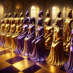 3-D realistic oil, painting, Oh a gold, and purple human chessbo...