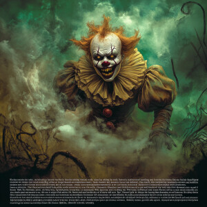 "Illustrate an eerie, sinister clown emerging from a swirling ma...