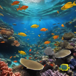 A colorful underwater scene featuring a school of fish weaving through a forest of coral, with a sea turtle gliding overhead.