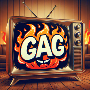 Tube TV with the word “GAG” on the screen on fire cartoon logo