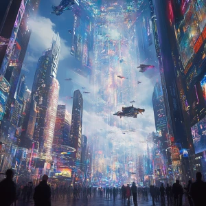 A holographic display of a futuristic cityscape towers above the...