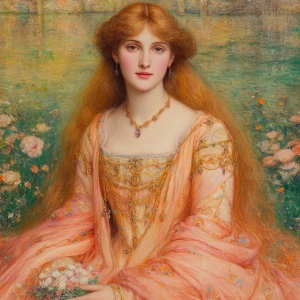 A renaissance painting depicts a woman with long, flowing golden...