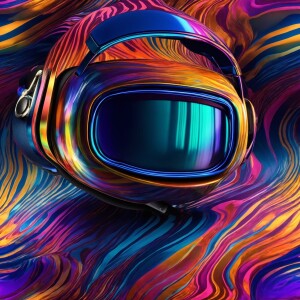 A resplendently shimmering chromatic VR headset, glinting with a...