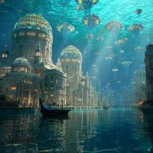 A majestic underwater Venice thriving beneath the sea, vast cana...