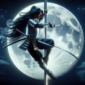 A samurai under the full moon, gracefully sliding down a silver...