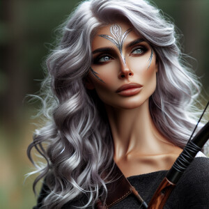 A beautiful huntress from the “Monster Hunter” series with dark...