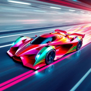 Design a vibrantly colored, aesthetically stunning futuristic race car with dynamic motion blur effects to convey high-speed movement.