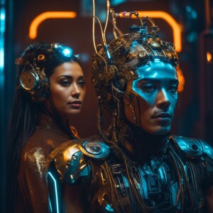 Futuristic cyborg man and woman Latin  looking to the side, mech...