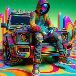 Create a colorful/psyscadelic character of Stuey wearing a Nike...