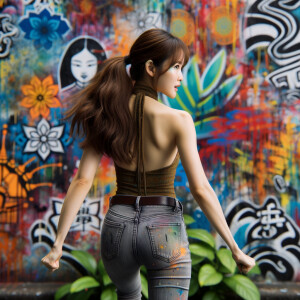 Attractive, Asian teenage girl, long brown hair and bangs, wearing tight skinny jeans and a halter top paint marks on her clothing, backside view heroic pose Asian graffiti