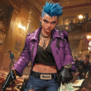 A character with spiky blue hair and a determined expression, we...