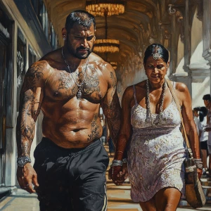 hyperrealistic painting,a muscular, tattooed employer man and hi...