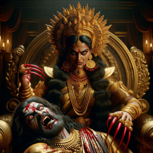 portrait of angry looking indian goddess sitting on a gold crown and carrying a weak mahishasur on her lap and poking him with her amazingly long red fingernails. She is wearing gold armor, a huge gold crown, gold saree, abundant  gold jewelry, covered in blood. The scene is set in ancient India. The image is 8K resolution, cinematic, photography, ultra detailed face and epic.