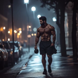 Muscle bodybuilder dark hair beard hairy chest leather shorts bl...