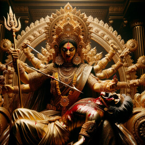 photograph of angry looking goddess durga sitting on a gold crown and carrying a weak mahishasur on her lap and stabbing him with her amazingly designed trident. She is wearing gold armor, a huge gold crown, gold saree, abundant  gold jewelry, covered in blood. The scene is set in ancient India. The image is 8K resolution, cinematic, ultra detailed face and epic.