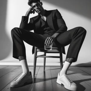 Retrato editorial em preto e branco. Um homem confiante e estilo...
