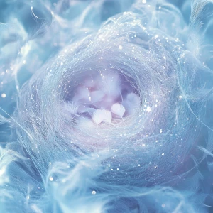 A close-up, dreamy, and peaceful image of a magical nest, emphas...