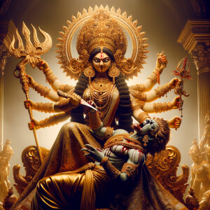 portrait of angry looking goddess durga sitting on a gold crown and carrying a weak mahishasur on her lap and stabbing him with her amazingly designed trident. She is wearing gold armor, a huge gold crown, gold saree, abundant  gold jewelry, covered in blood. The scene is set in ancient India. The image is 8K resolution, cinematic, ultra detailed face and epic.