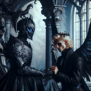 Caranthir-Ar-Fieniel from the Witcher kneels down before Queen T...