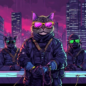 A high-fashion crime boss cat in a luxury penthouse, overlooking...