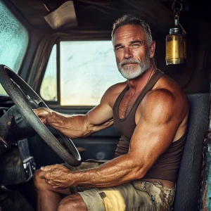 A muscular, older man with a well-groomed gray beard and short, salt-and-pepper hair sits confidently in the cab of a rugged truck. He’s wearing a snug brown tank top that shows off his bulging arms and broad shoulders, paired with tan cargo shorts that highlight his strong, athletic legs. His work boots, scuffed and worn from years of use, rest on the floor of the truck. The man exudes a rugged, seasoned vibe, with a hint of a smile as he grips the steering wheel, ready to hit the road. The truck’s interior is practical and well-used, with a few personal touches like a hanging air freshener and a coffee thermos in the cup holder