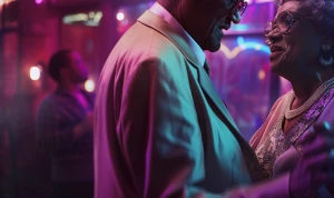 beautiful Jamaican elderly couple dancing romantically in a neon...