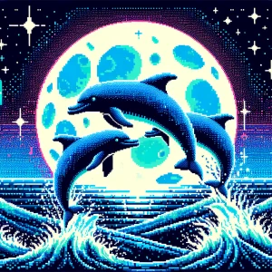 Neon Blue dolphins jump through pixalated waves under a pixalate...
