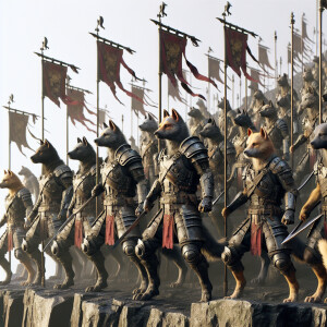 Create a realistic picture of a legion of humanoid dogs of all b...