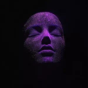 generate purple ai face on black background