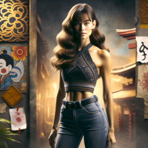 Athletic Thin skinny Attractive, Asian teenage girl, long brown hair and bangs, wearing tight skinny jeans and a halter top paint marks on her clothing, heroic pose Asian graffiti background, backside view