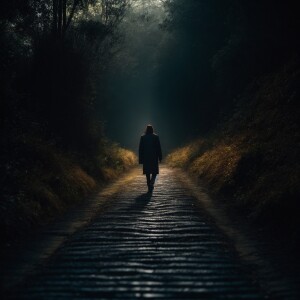 Close up of walking feet traveling on a path made of light. The...