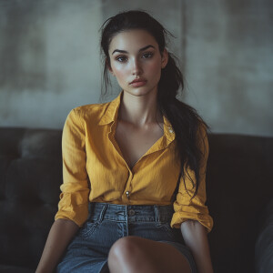 Capture the elegance of a fair-skinned woman with dark long hair...