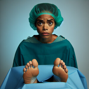Photo, feet soles facing image, of Worried Dominican woman rushe...
