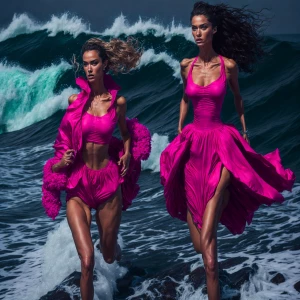 Caucasian 25 year old female with barbie pink hai, running towar...