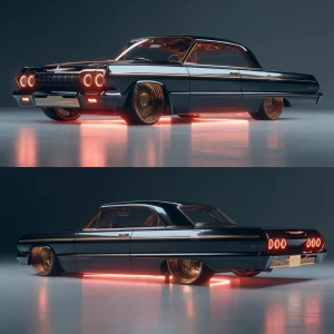 A stunning 64 Chevy impala on Dayton 100 spoke 20 inch gold rims...
