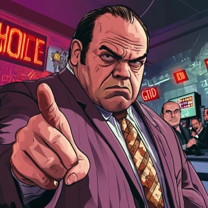 A Grand Theft Auto-style illustration featuring a pale, exhauste...