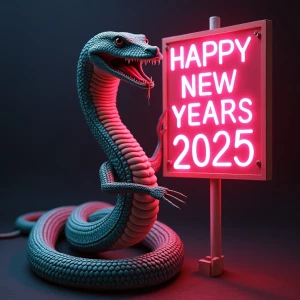 Anthro cobra holding a  neon sign that says HAPPY NEW YEARS 2025...