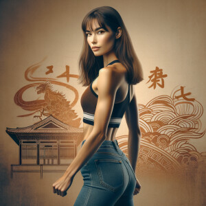 Athletic Thin skinny Attractive, Asian teenage girl, long brown hair and bangs, wearing tight skinny jeans and a halter top paint marks on her clothing, heroic pose Asian graffiti background, backside view