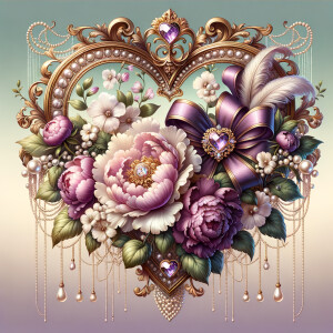 Picture an opulent heart-shaped frame adorned with pearls and go...