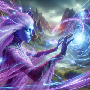 A lavender-skinned wizard alien with glowing blue eyes using her...