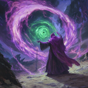 An extraterrestrial wizard with shimmering purple robes and glow...