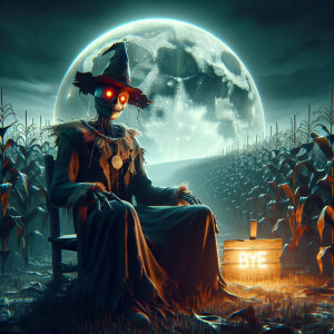 Evil Nightmarish Dream of glowing red eyed  anamorphic scarecrow...