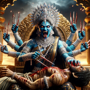 portrait of angry looking, four-armed indian goddess blue skinned sitting on a gold crown and carrying a weak mahishasur on her lap and poking his abdomen with her amazingly long red fingernails . She is wearing diamond armor, a huge diamond crown, black saree, abundant  diamond jewelry, covered in blood. The scene is set in ancient India. The image is 8K resolution, cinematic, photography, ultra detailed face and epic.