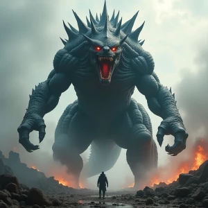 "Emerging from the depths, an enormous, menacing kaiju towers ov...