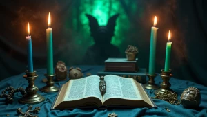 An unholy altar dedicated to Mephisto with blue and green candle...