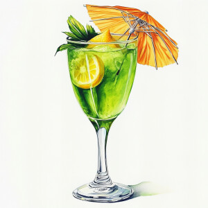 Create an image of a tall, vivid green tropical cocktail, comple...