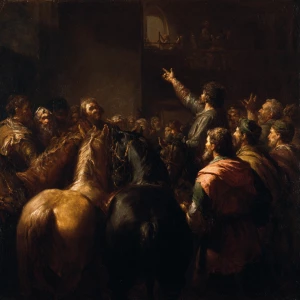 A commanding figure stands with urgency, raising his hand as he...